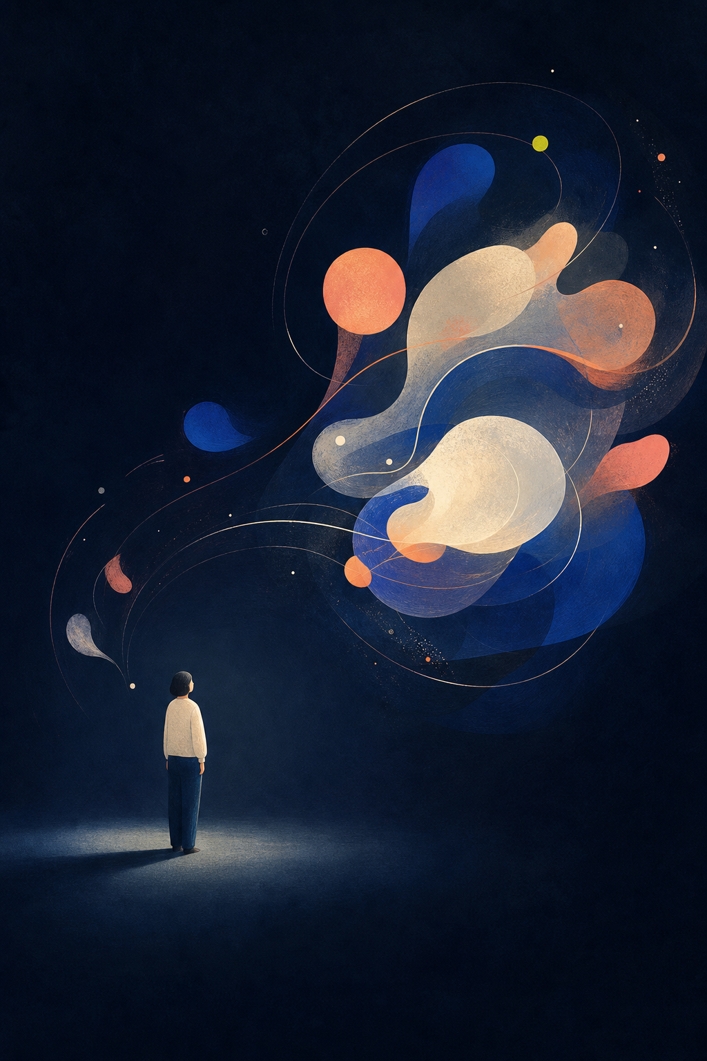 一人の人物が、目の前を流れる大きな思考のかたちを少し離れて眺めているイラスト