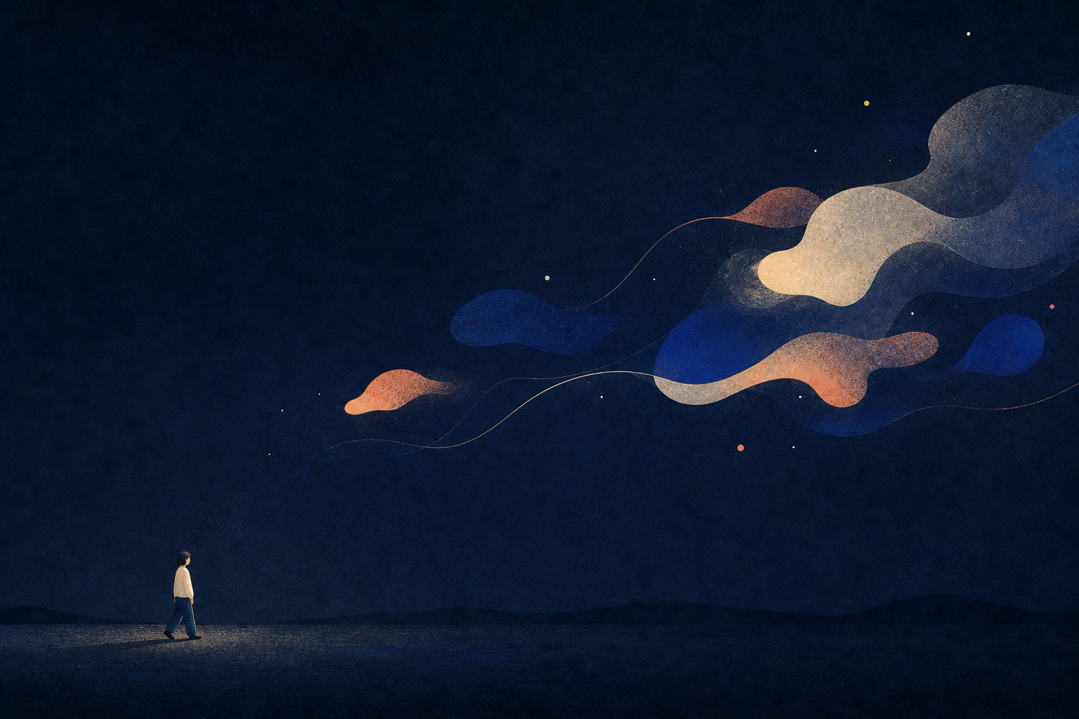 遠くの小さな人物が、風に流れる心のかたちの下を静かに歩いているイラスト